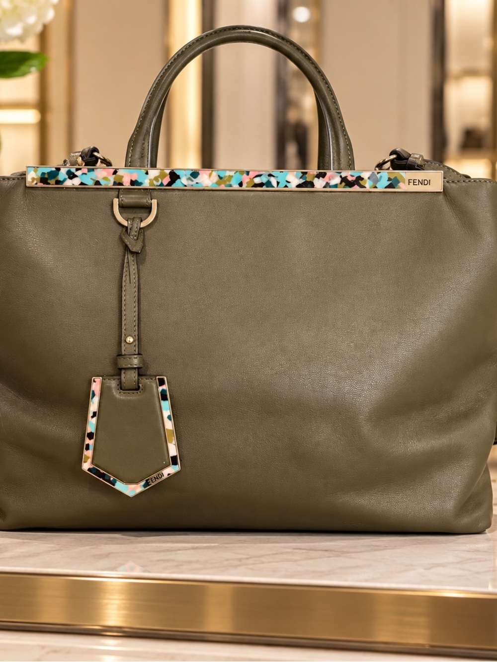 Fendi Olive Leather Satchel with Multicolor Enamel Trim